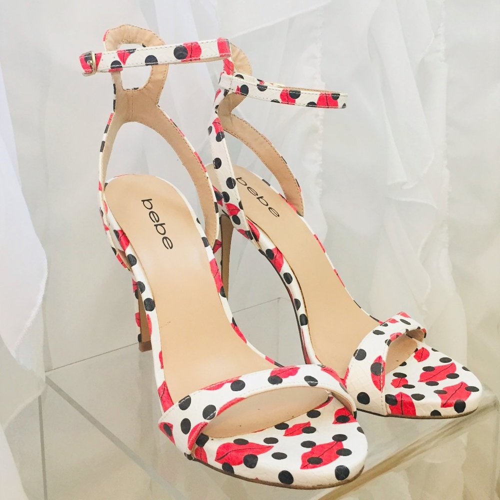 Bebe Ankle Strap Heels Red Lips & Polka Dots *RARE FIND*